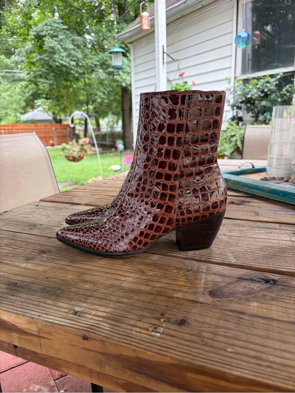 Matisse Brown Croc-Embossed Pointed Ankle Boots